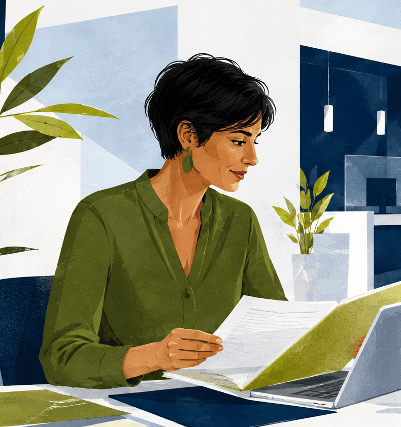 Illustration du module : Camille, gestionnaire au service population, étudie un dossier.