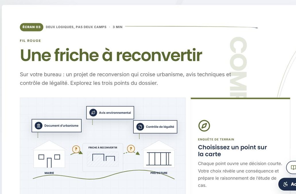 Écran 3 : la friche à reconvertir, posée comme fil rouge.