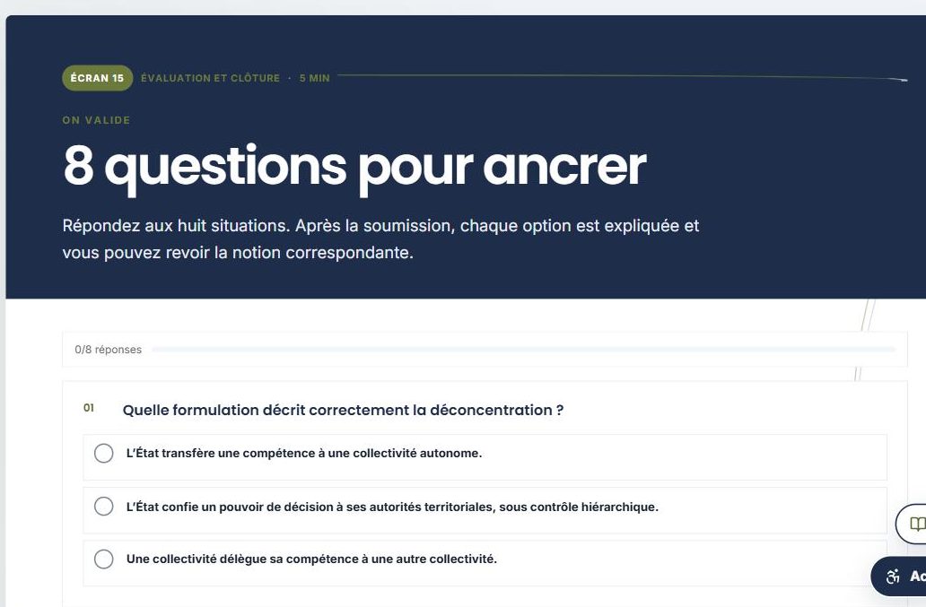 Quiz final : 8 items, seuil à 80 %, correction par item.
